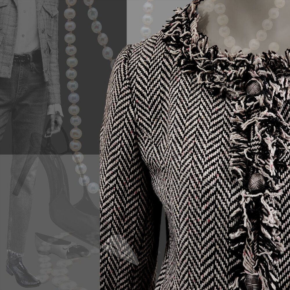 JACKET Chanel-Style  Fringed Tweed Herringbone